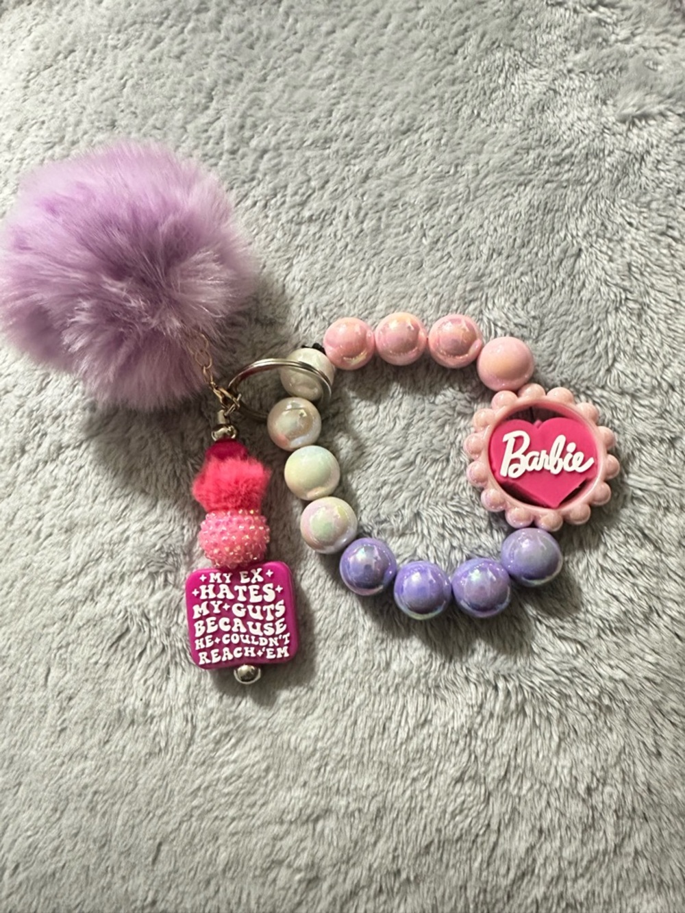 Barbie Pastel Pink Lavender Bead Wristlet and Keychain with Pom